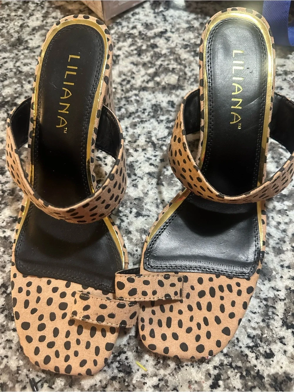 Liliana Leopard Print Tan and Black Heeled Sandals